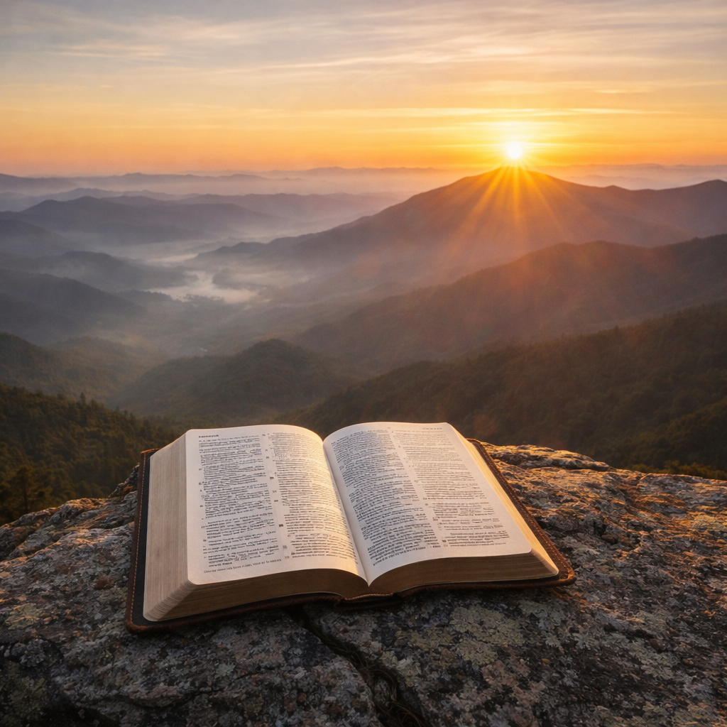 Leather armchair with open book and blanket beside a window, small table with coffee mug, books, eyeglasses, lamp, and plant